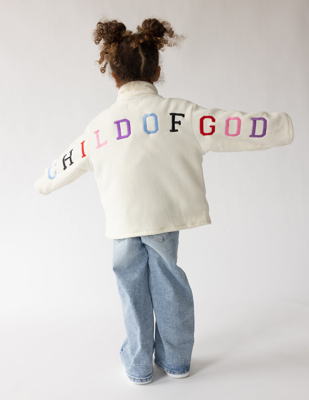 Child of God kids fleece pullover in off-white and multi-color print