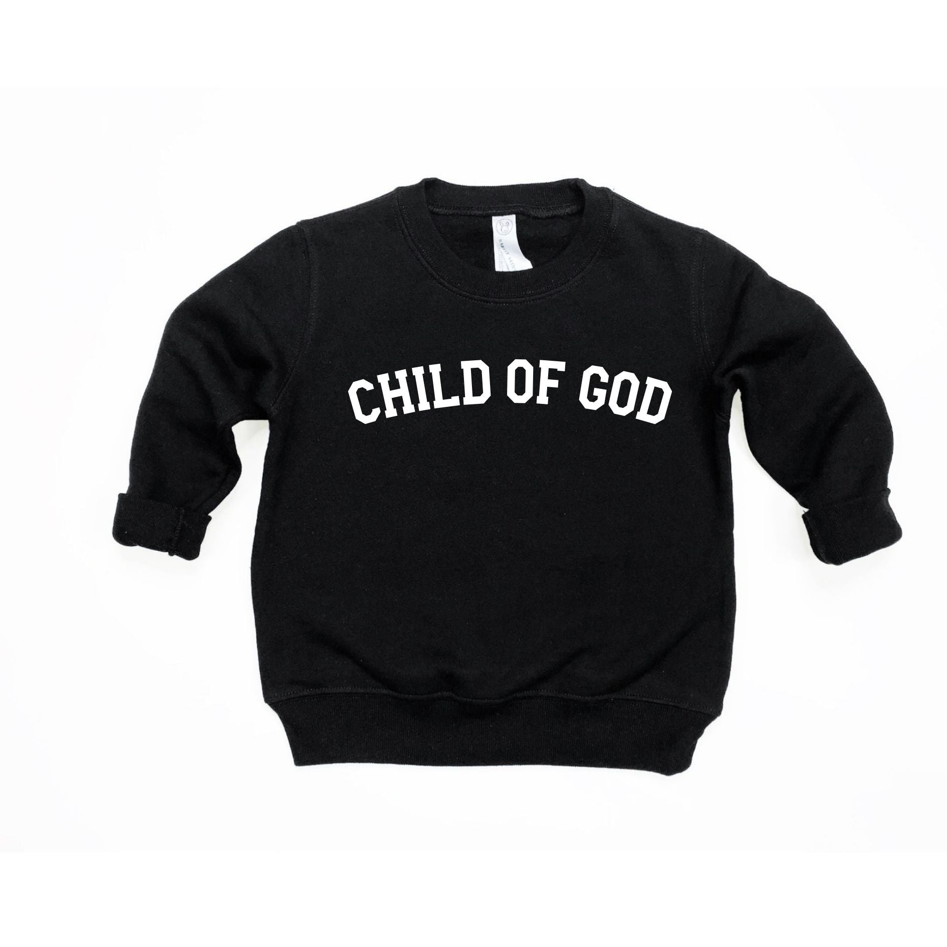 Child wearing a Child of God 2 minimalist crew neck sweatshirt in neutral tones