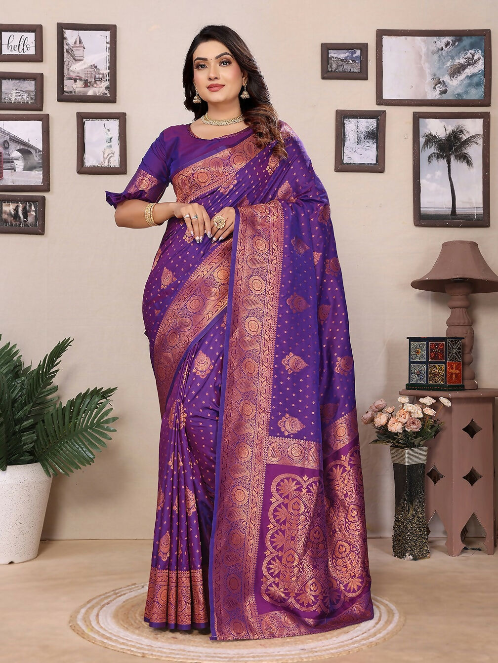 Elegant Purple Banarasi Woven Soft Silk Saree with traditional motifs and matching blouse fabric.