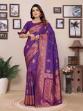 Elegant Purple Banarasi Woven Soft Silk Saree with traditional motifs and matching blouse fabric.