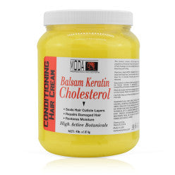 A 4lb jar of MODA Balsam Keratin Cholesterol conditioning hair cream with yellow, white, and red branding.
