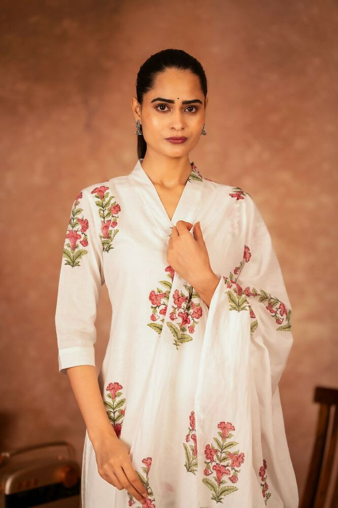 Off White and Pink Hand Block Printed Cotton Suit Set
