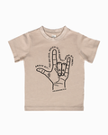 Minimalist beige kids graphic tee with Colossians 3:14 verse text