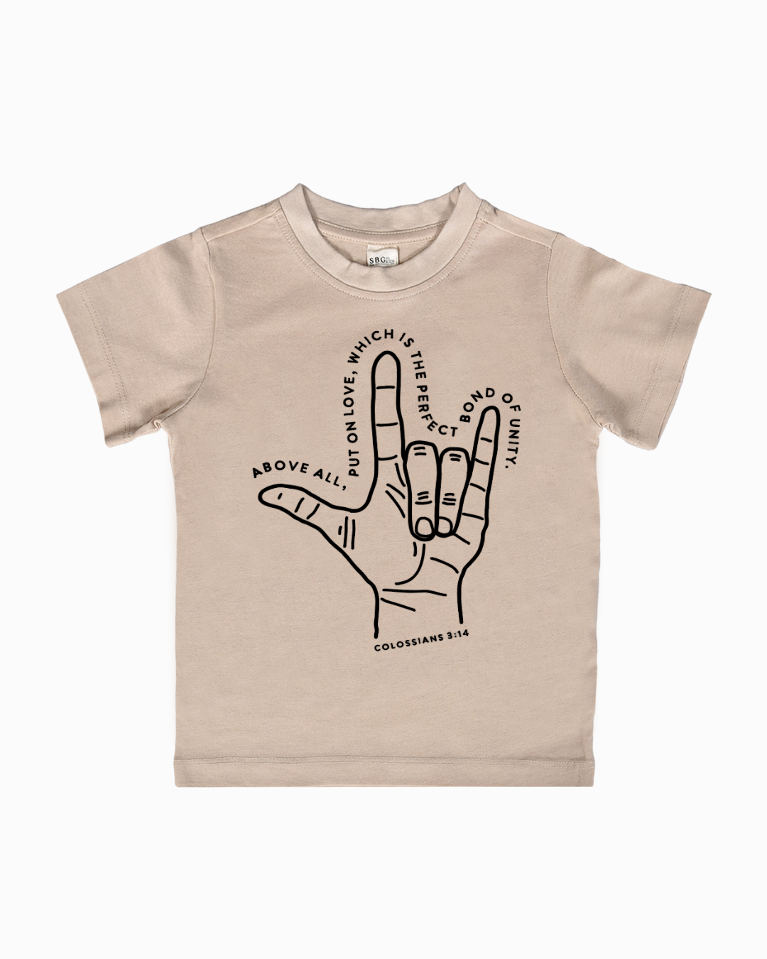 Minimalist beige kids graphic tee with Colossians 3:14 verse text