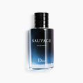 Christian Dior Sauvage Eau de Parfum bottle in deep midnight blue to black gradient glass