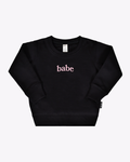 Minimalist kids pullover with Babe text, available in black and light-pink