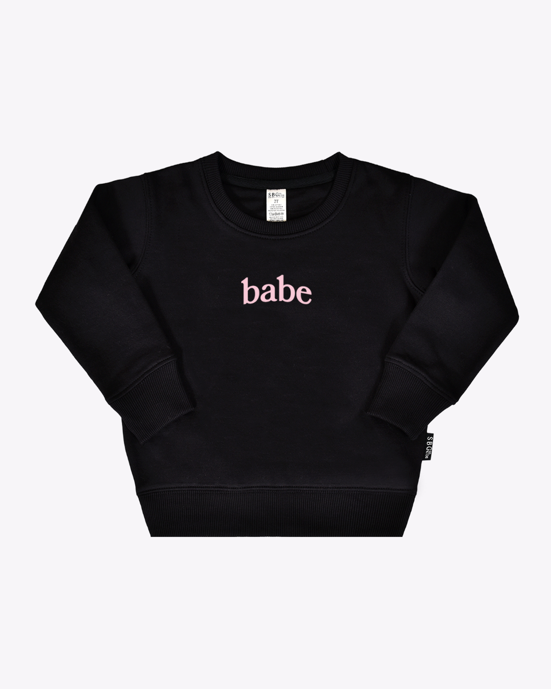 Minimalist kids pullover with Babe text, available in black and light-pink
