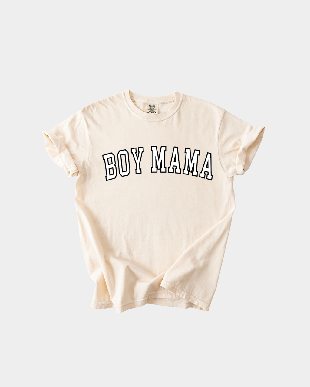 A minimalist cream Boy Mama Varsity Relaxed Tee made from 100% cotton.