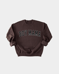 Boy Mama varsity style pullover sweatshirt in dark brown and heather grey