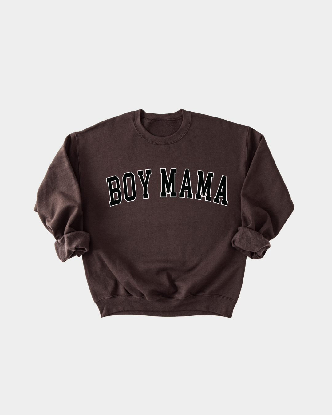 Boy Mama varsity style pullover sweatshirt in dark brown and heather grey