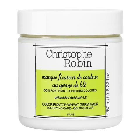 Christophe Robin Color Fixator Wheat Germ Mask in a white jar with lime green label accent