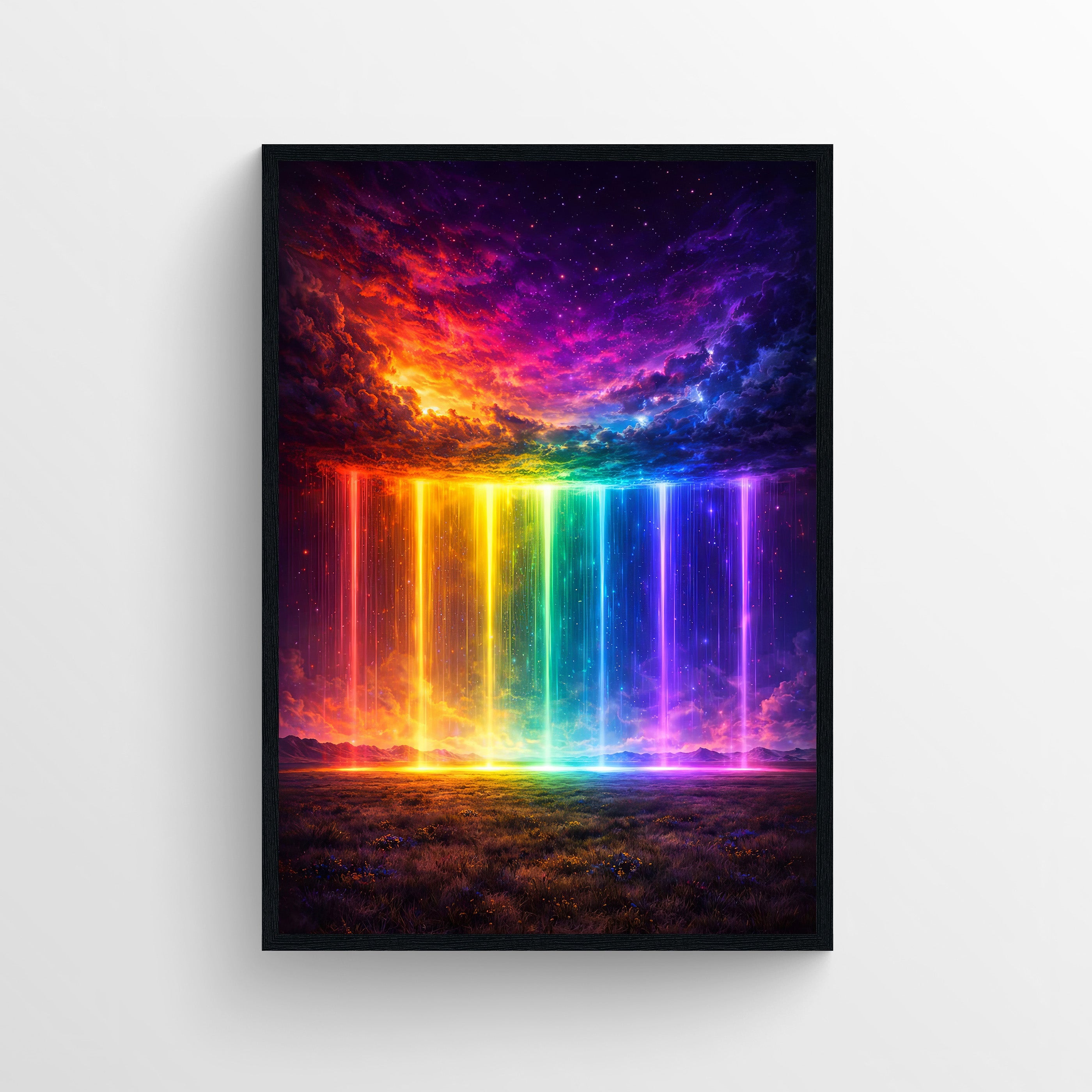 Chromatic Stormfront Trippy Poster featuring rainbow light beams bursting through dark storm clouds.