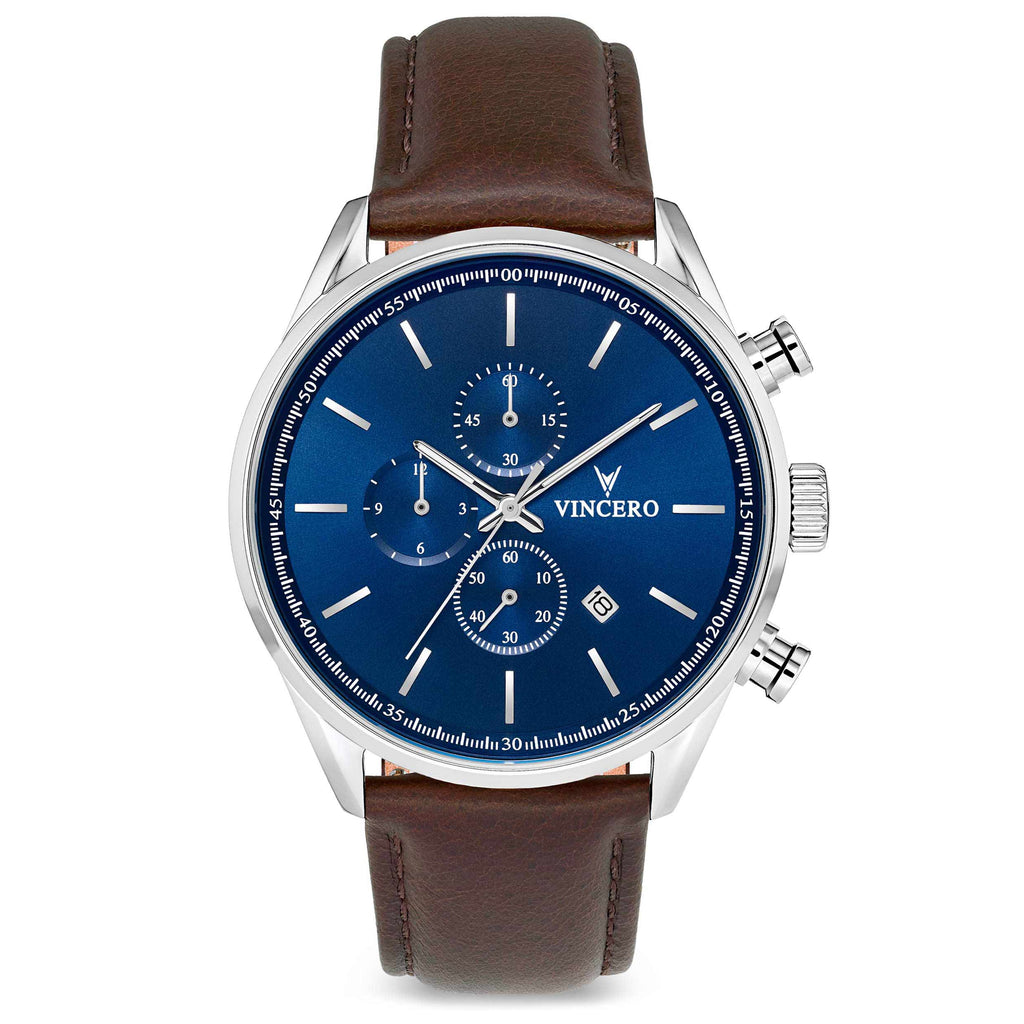The Chrono S2 watch in Blue and Brown featuring a stainless steel case and versatile strap.