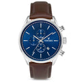 The Chrono S2 watch in Blue and Brown featuring a stainless steel case and versatile strap.