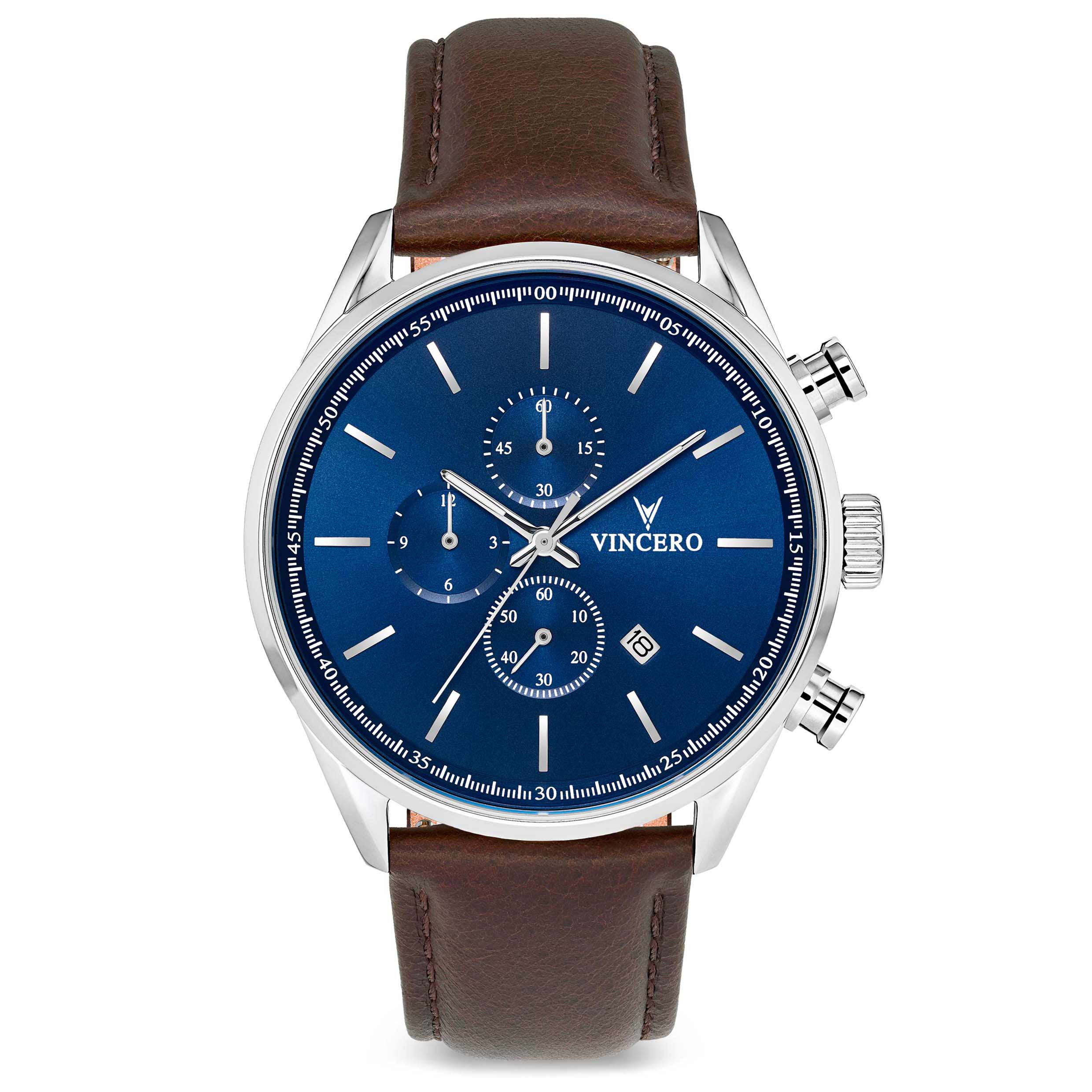 The Chrono S2 watch in Blue and Brown featuring a stainless steel case and versatile strap.