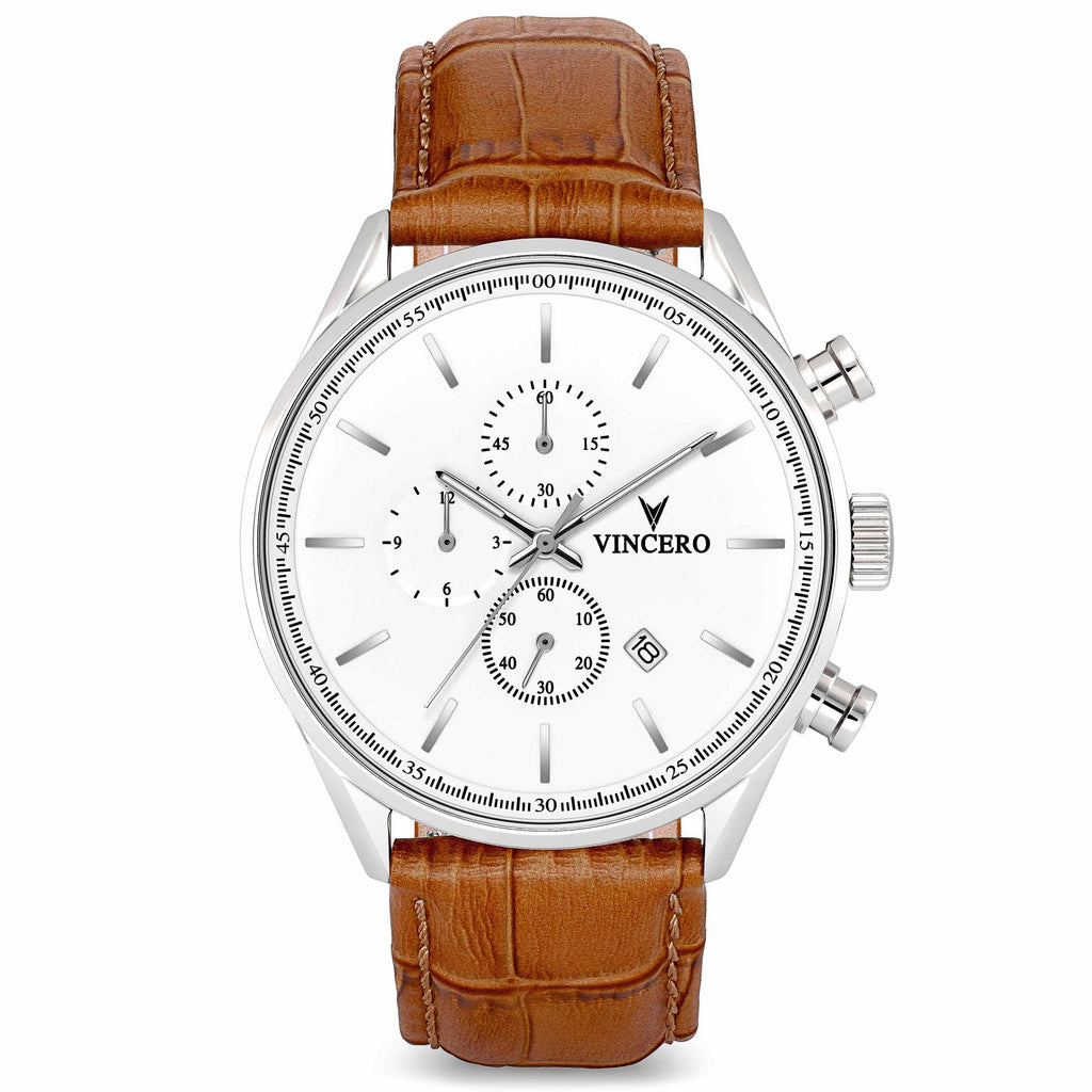 The Chrono S2 40mm watch featuring a silver case and tan strap on a white background.
