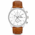 The Chrono S2 40mm watch featuring a silver case and tan strap on a white background.