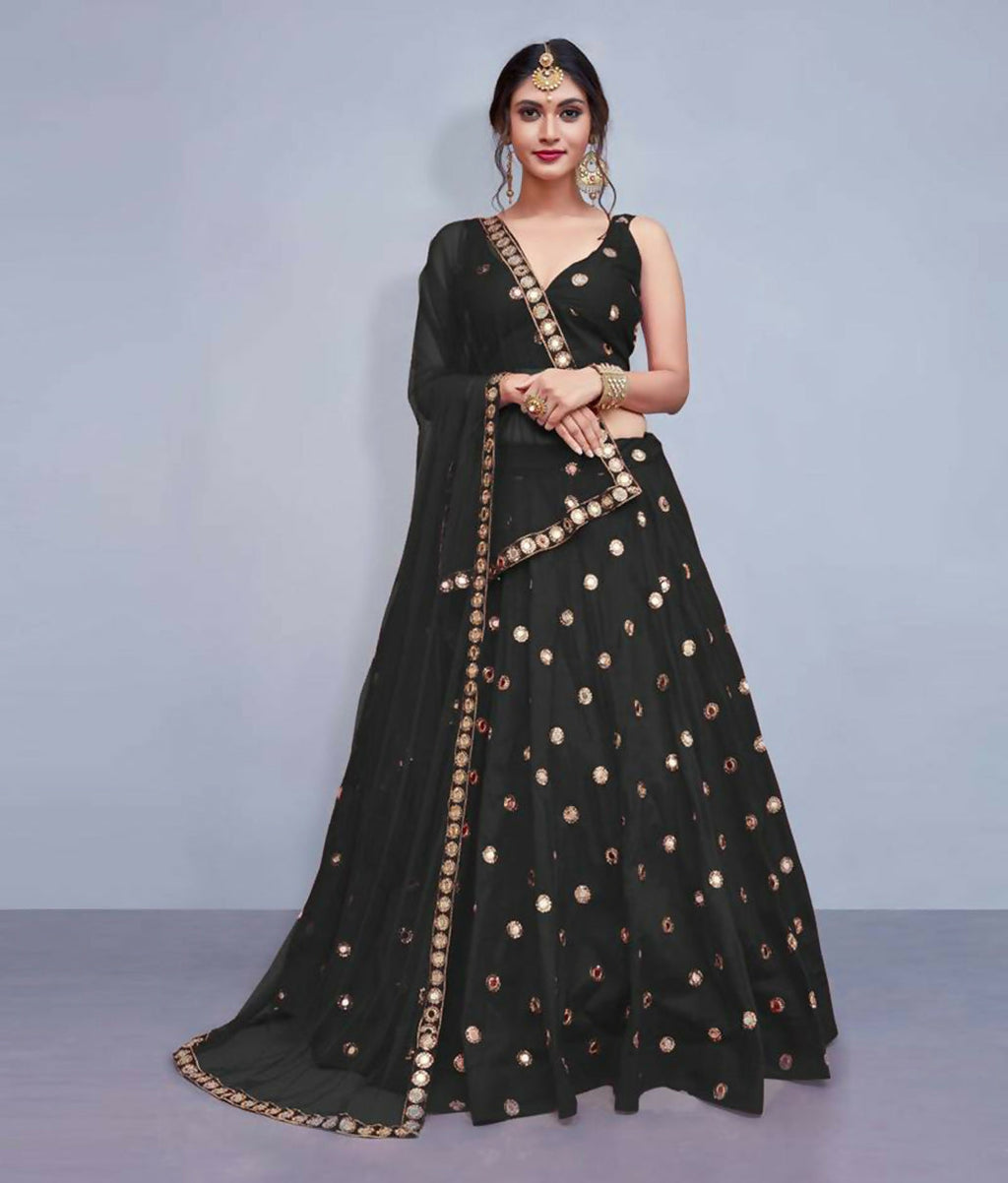 Black Art Silk party wear lehenga choli with mirror work and sequins