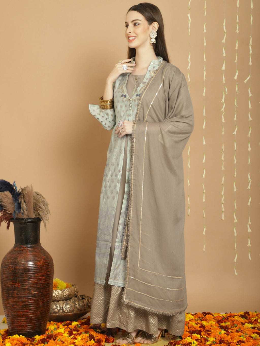Green Chanderi Silk A-Line Kurta Set with Jardoshi Work