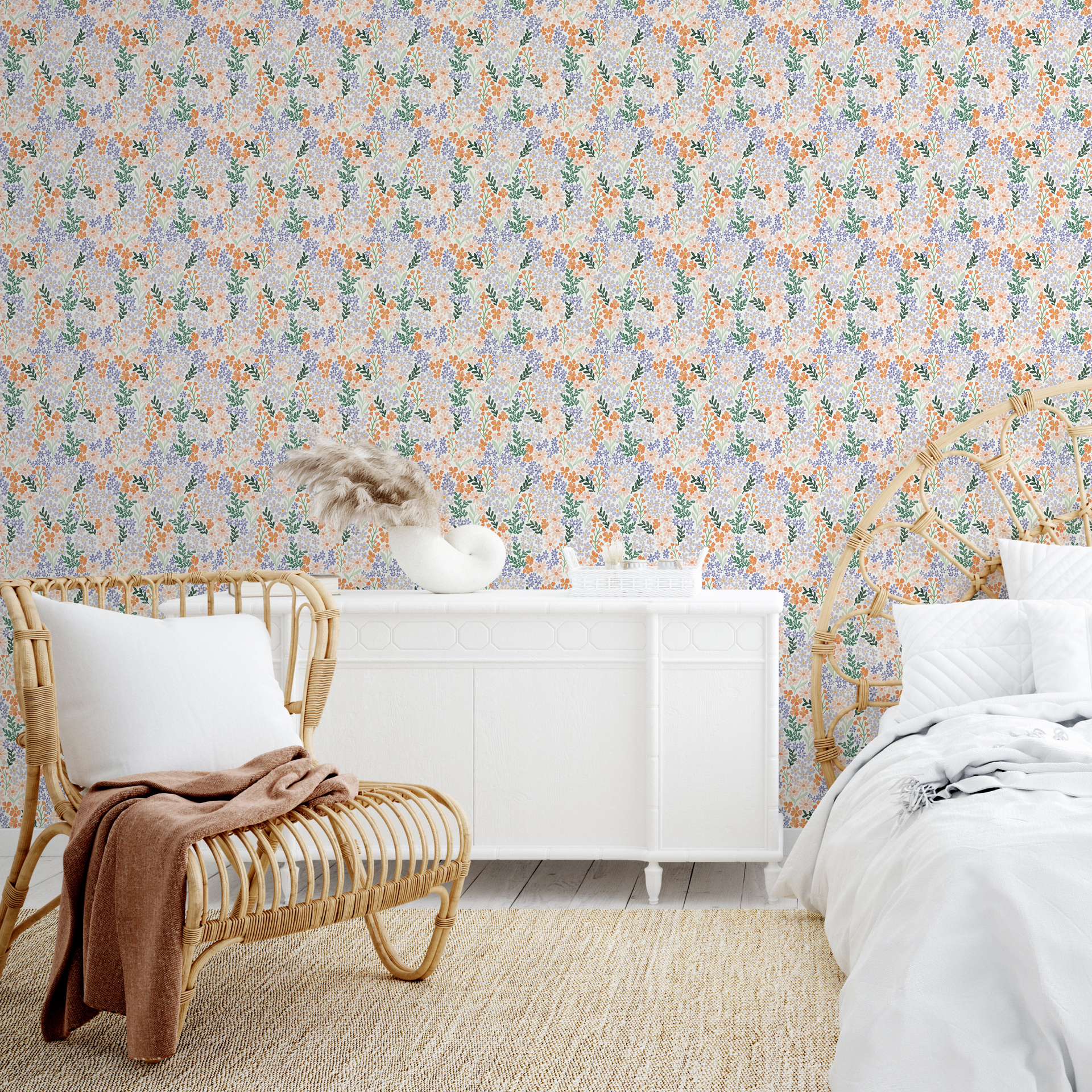 Cici floral wallpaper featuring white, orange, lavender, and green