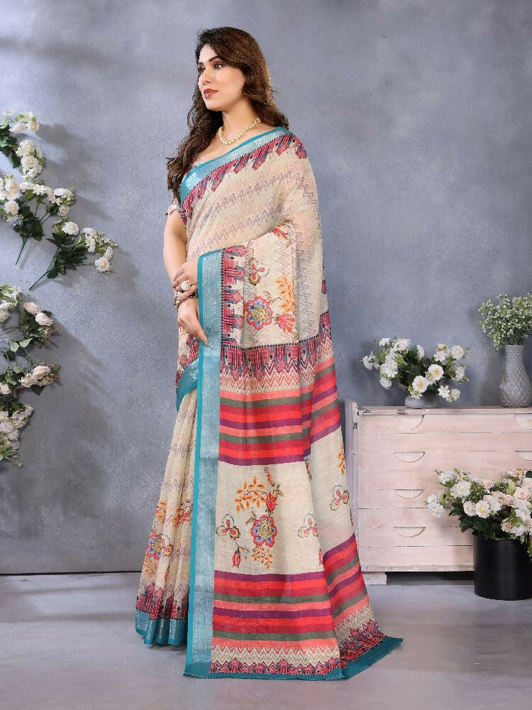 Cream Handloom Linen Cotton Saree for Everyday Elegance