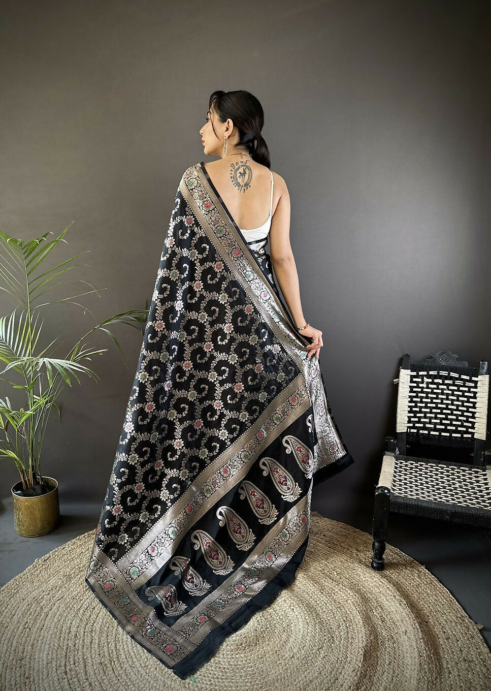 Black Meenakari Banarasi Silk Saree with Unstitched Blouse