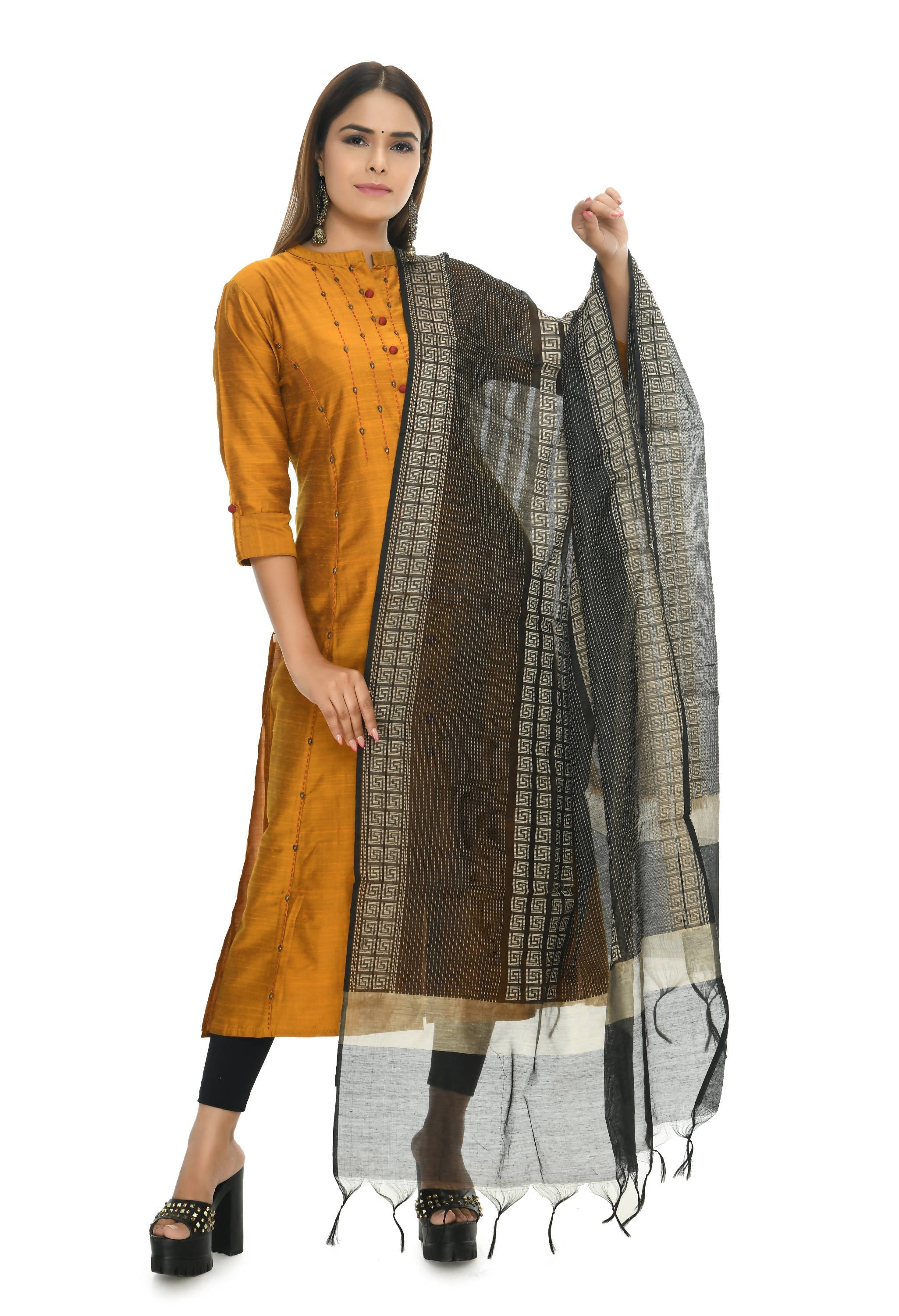 Black Handloom Cotton Dupatta - Traditional Ethnic Scarf