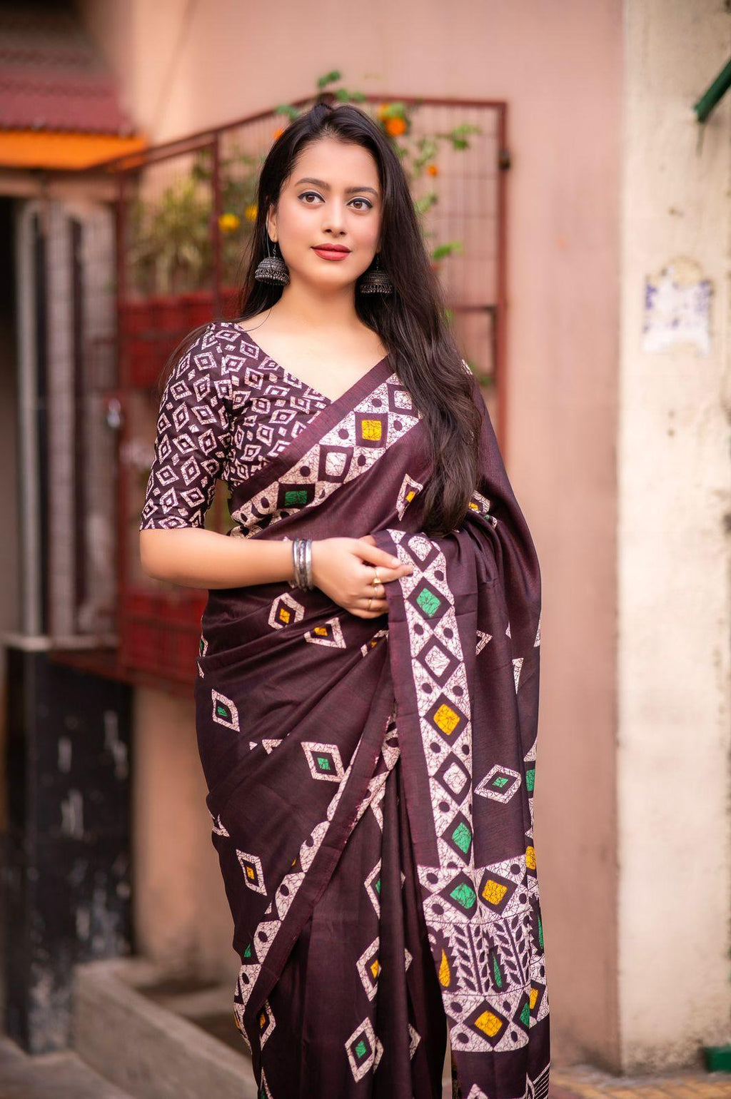 Maroon Silk Blend Saree with Batik Print and Blouse