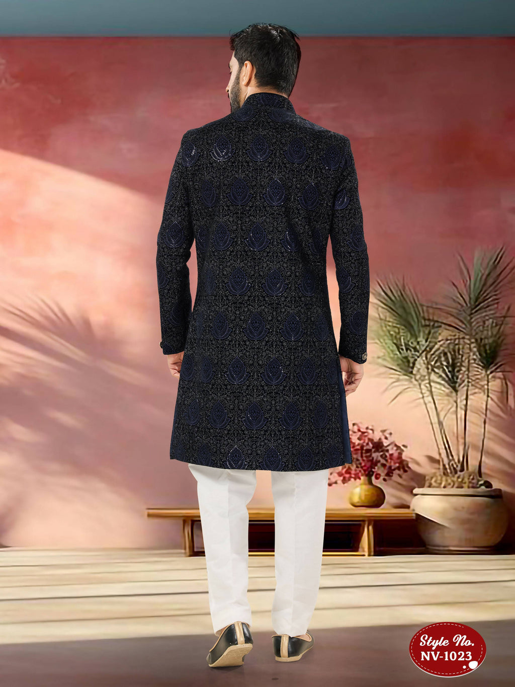 Men's Blue Velvet Indo-Western Kurta Set with Thread & Sequence