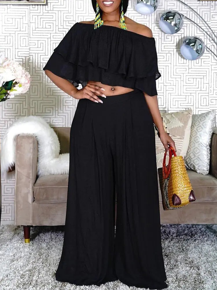 Plus Size 2 Piece Off Shoulder Crop Top & Wide Leg Pants