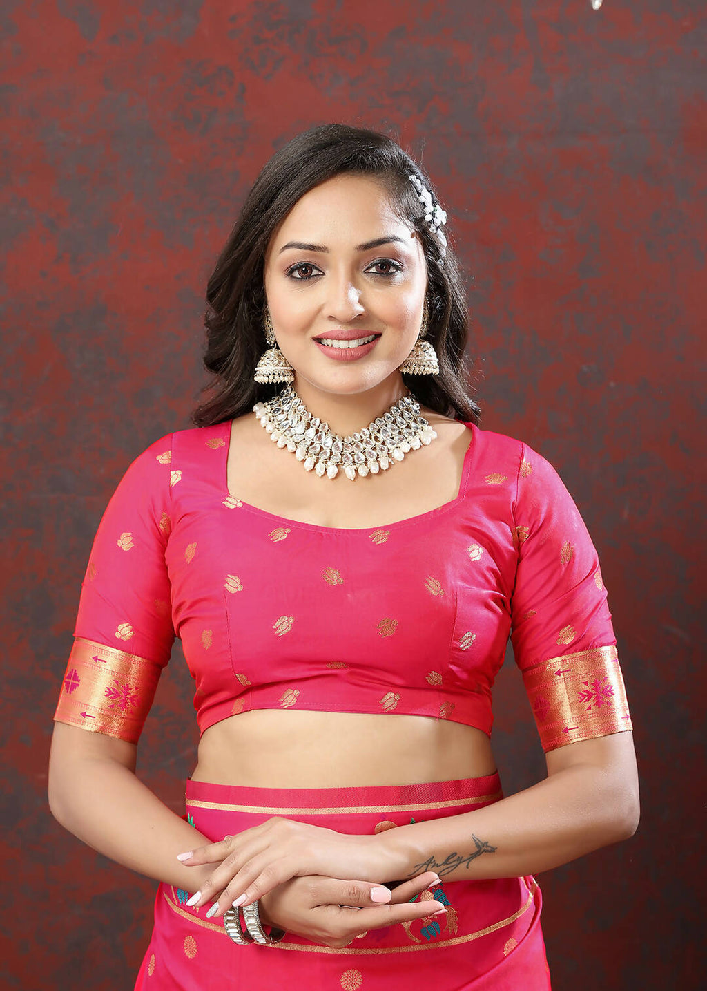 Pink Soft Paithani Silk Saree with Copper Zari Meenakari Weaving