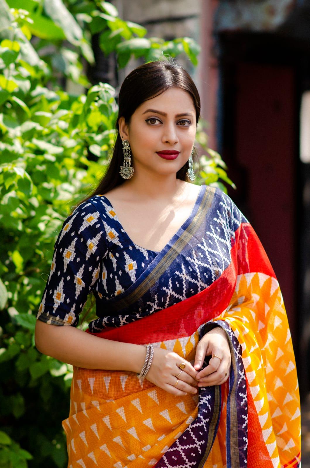 Yellow Polycotton Ikkat Printed Saree with Zari Border