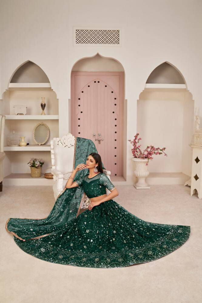 Parrot Green Butterfly Net Lehenga with Zari and Sequence Embroidery
