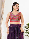 Magenta multi brocade sleeveless V-neck padded saree blouse