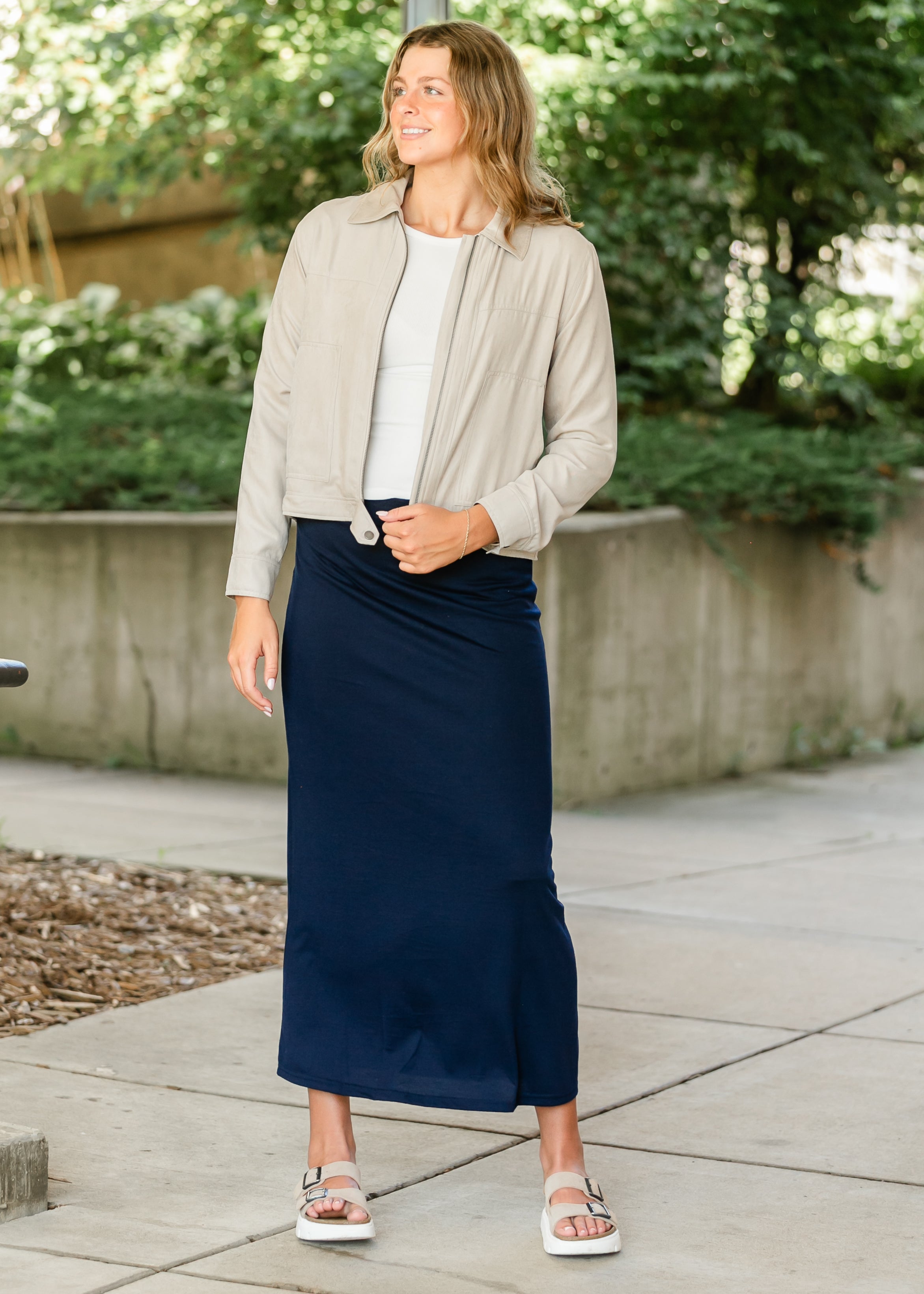 Clarise Navy Premium Knit Maxi Skirt | Stretch Waist Lined