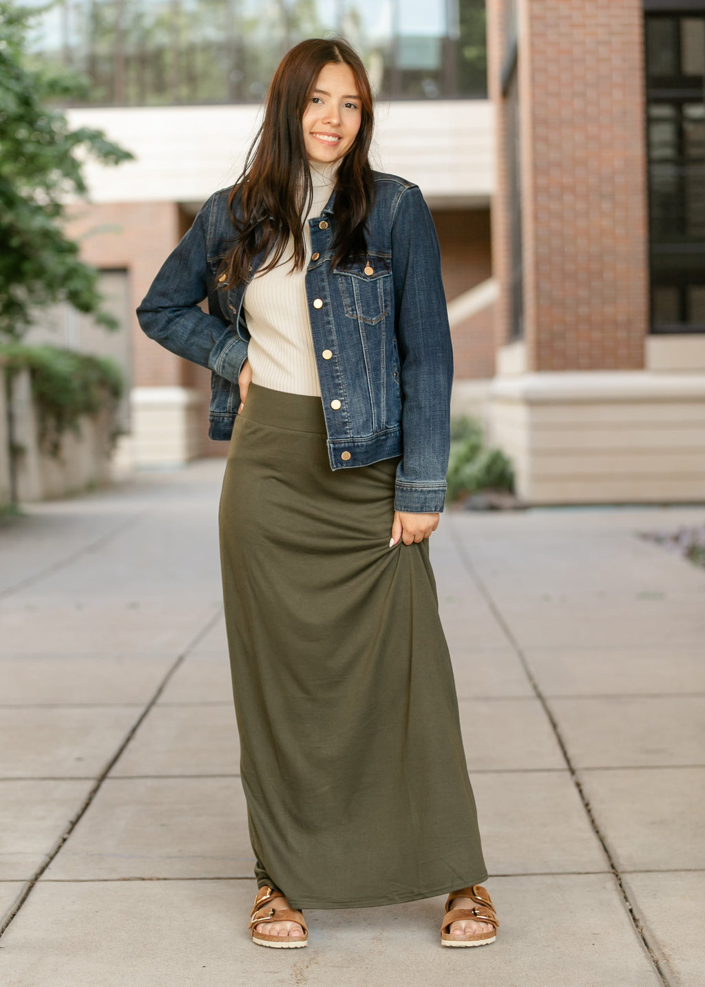 Clarise Olive Premium Knit Maxi Skirt | Modest Stretch Waist