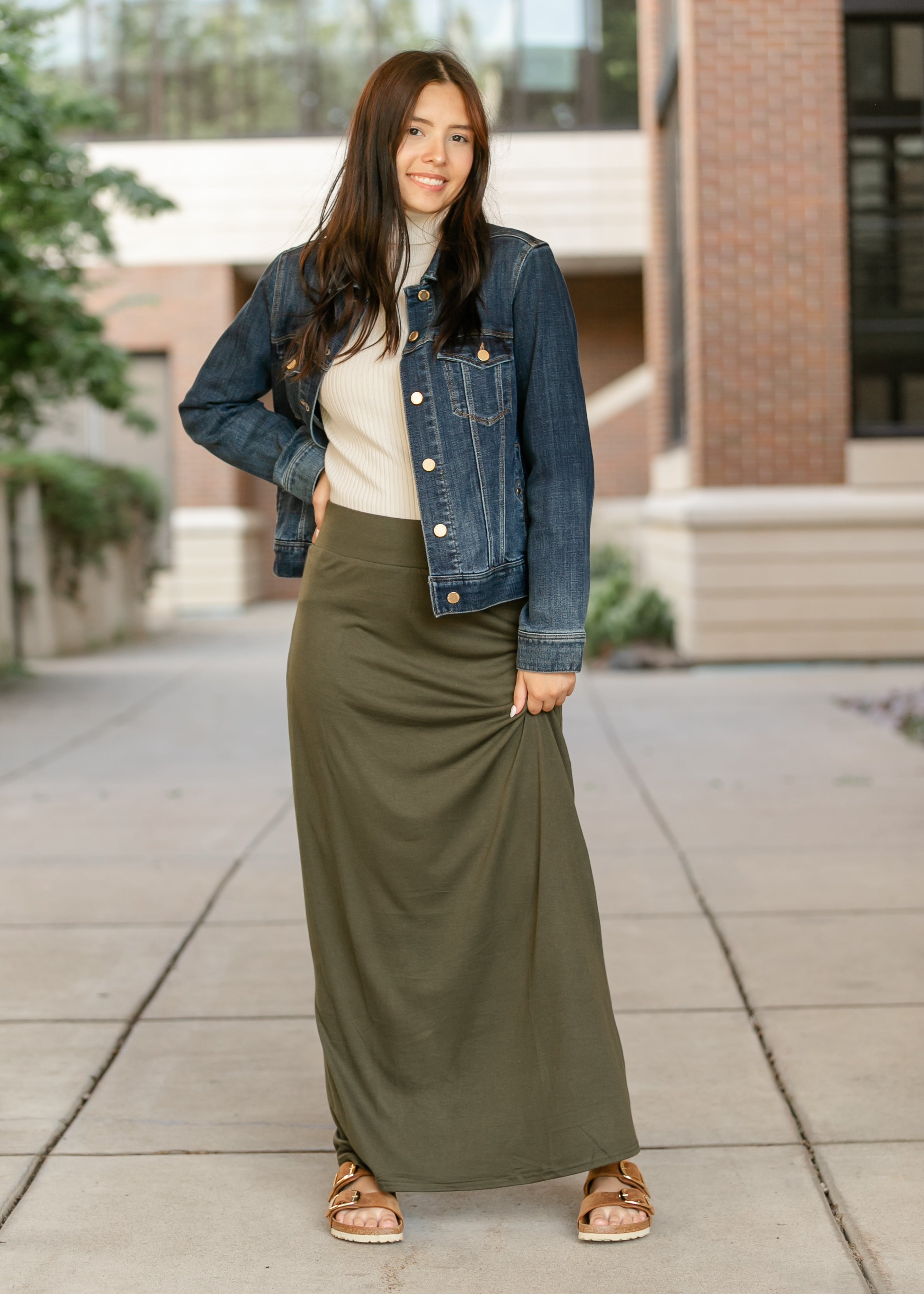 Clarise Olive Premium Knit Maxi Skirt | Modest Stretch Waist