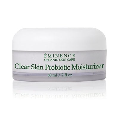 White bottle of Eminence Clear Skin Probiotic Moisturizer, 60 ml size.