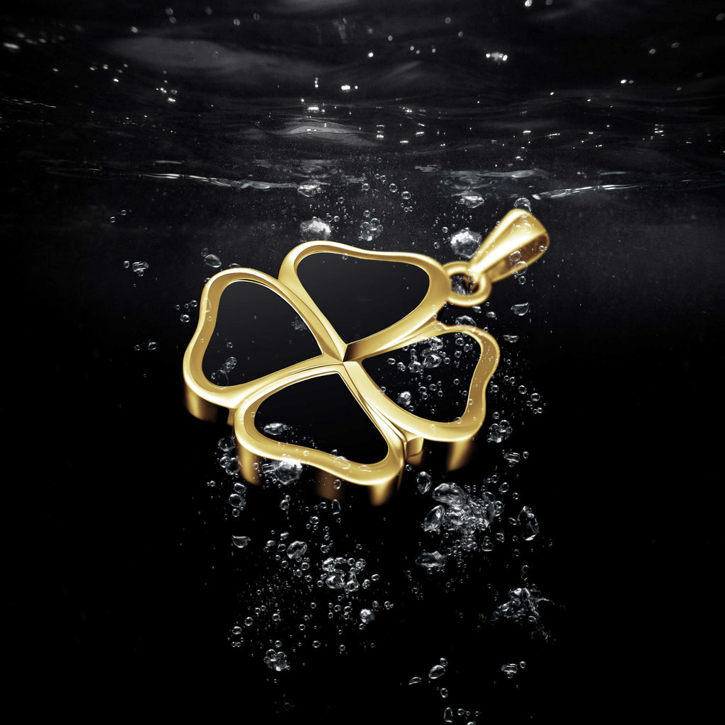 14K Gold Clover Pendant Necklace with Natural Black Onyx Inlay