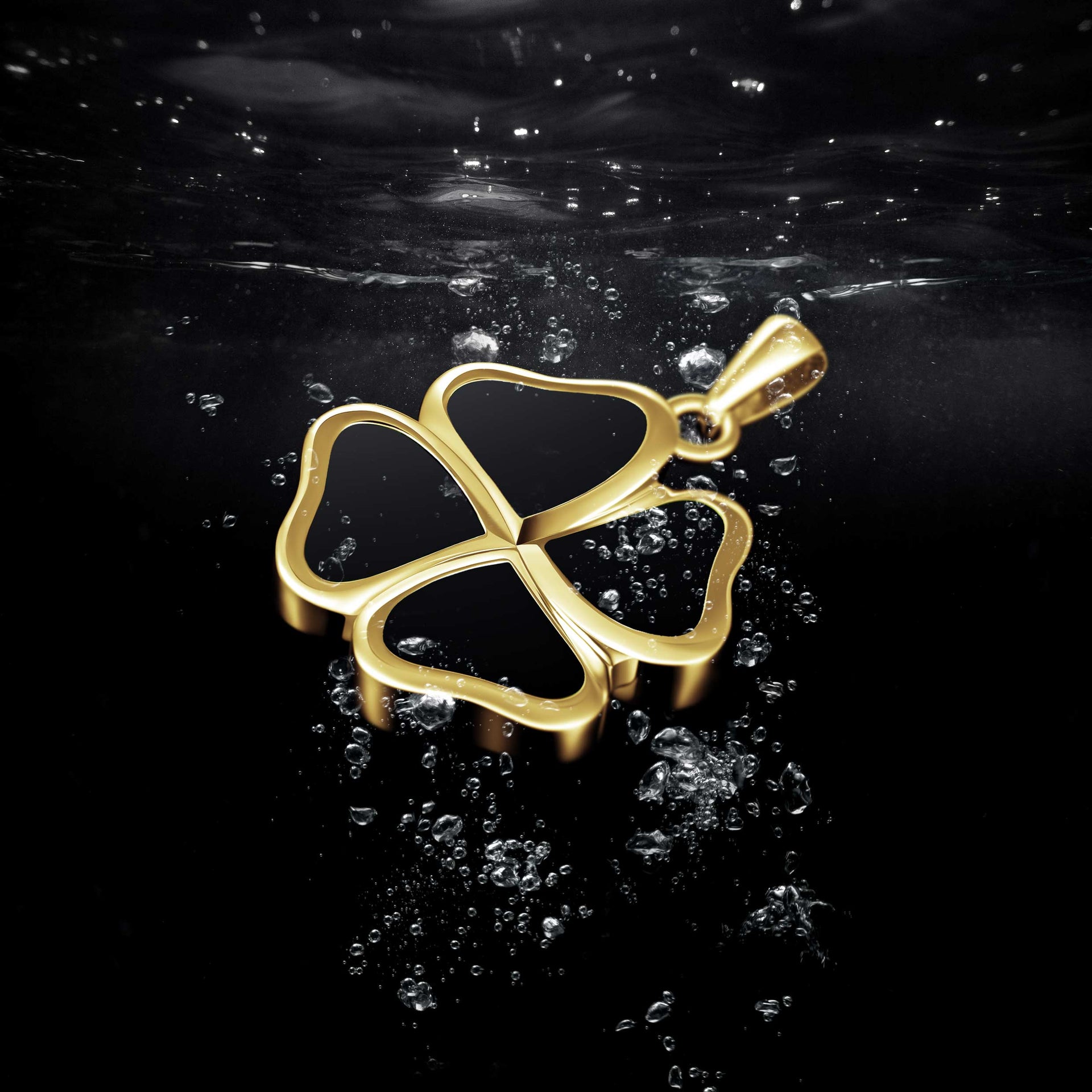 14K Gold Clover Pendant Necklace with Natural Black Onyx Inlay
