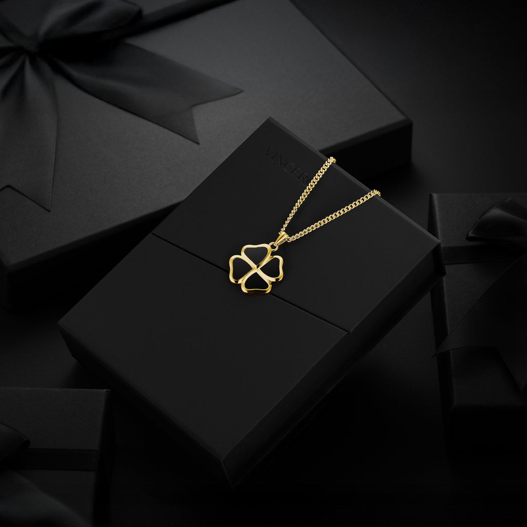 14K Gold Clover Pendant Necklace with Natural Black Onyx Inlay