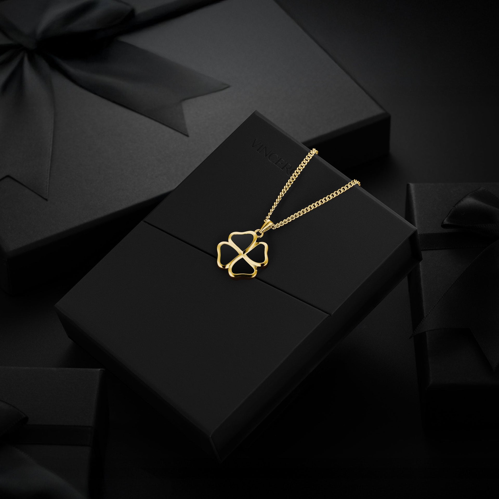 14K Gold Clover Pendant Necklace with Natural Black Onyx Inlay