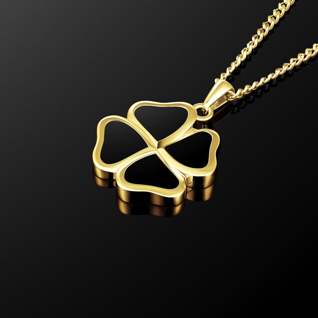 14K Gold Clover Pendant Necklace with Natural Black Onyx Inlay