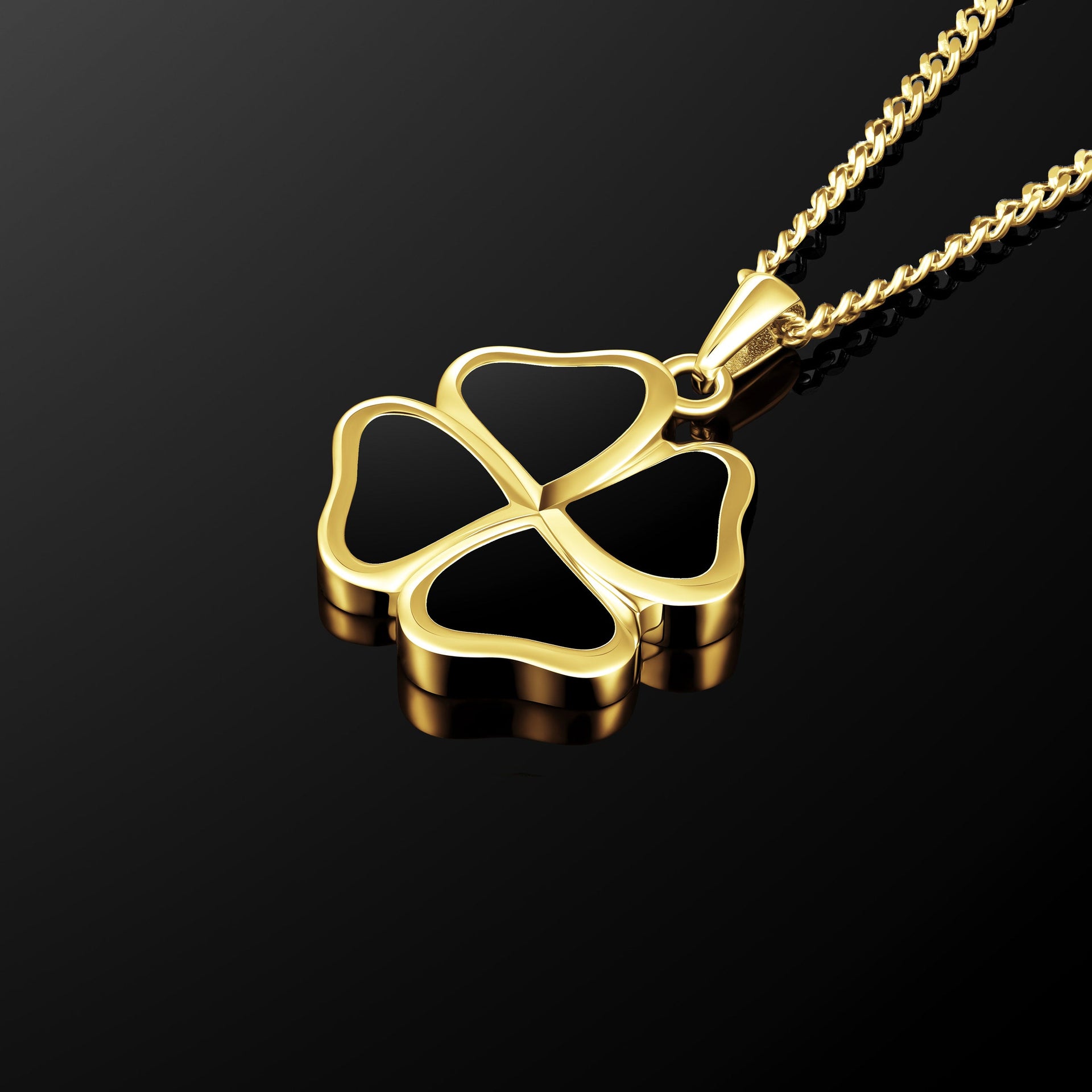 14K Gold Clover Pendant Necklace with Natural Black Onyx Inlay