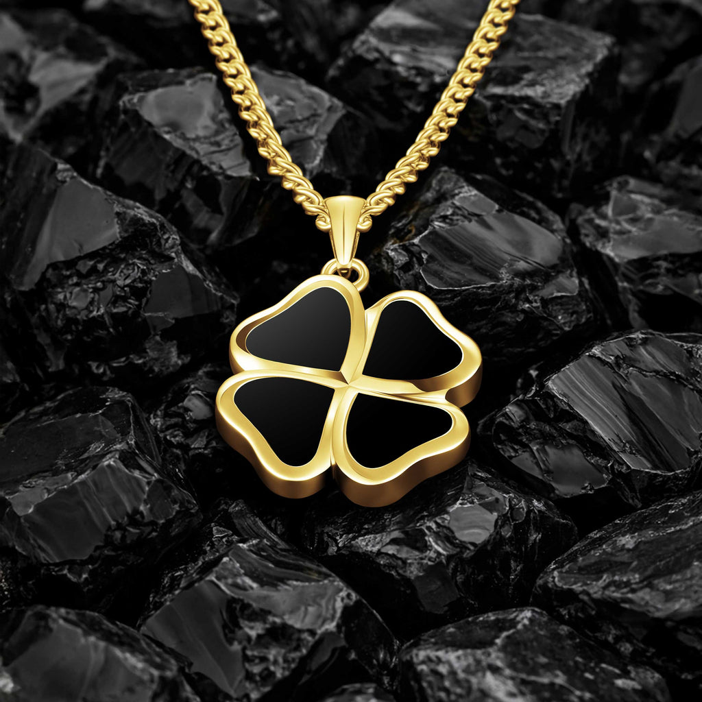 14K Gold Clover Pendant Necklace with Natural Black Onyx Inlay