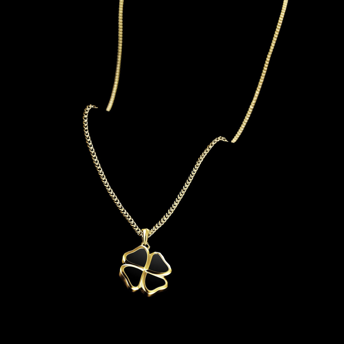 14K Gold Clover Pendant Necklace with Natural Black Onyx Inlay