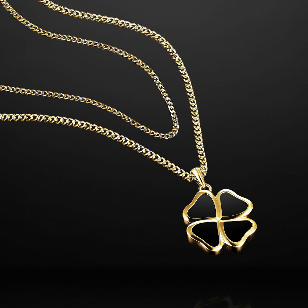 14K Gold Clover Pendant Necklace with Natural Black Onyx Inlay