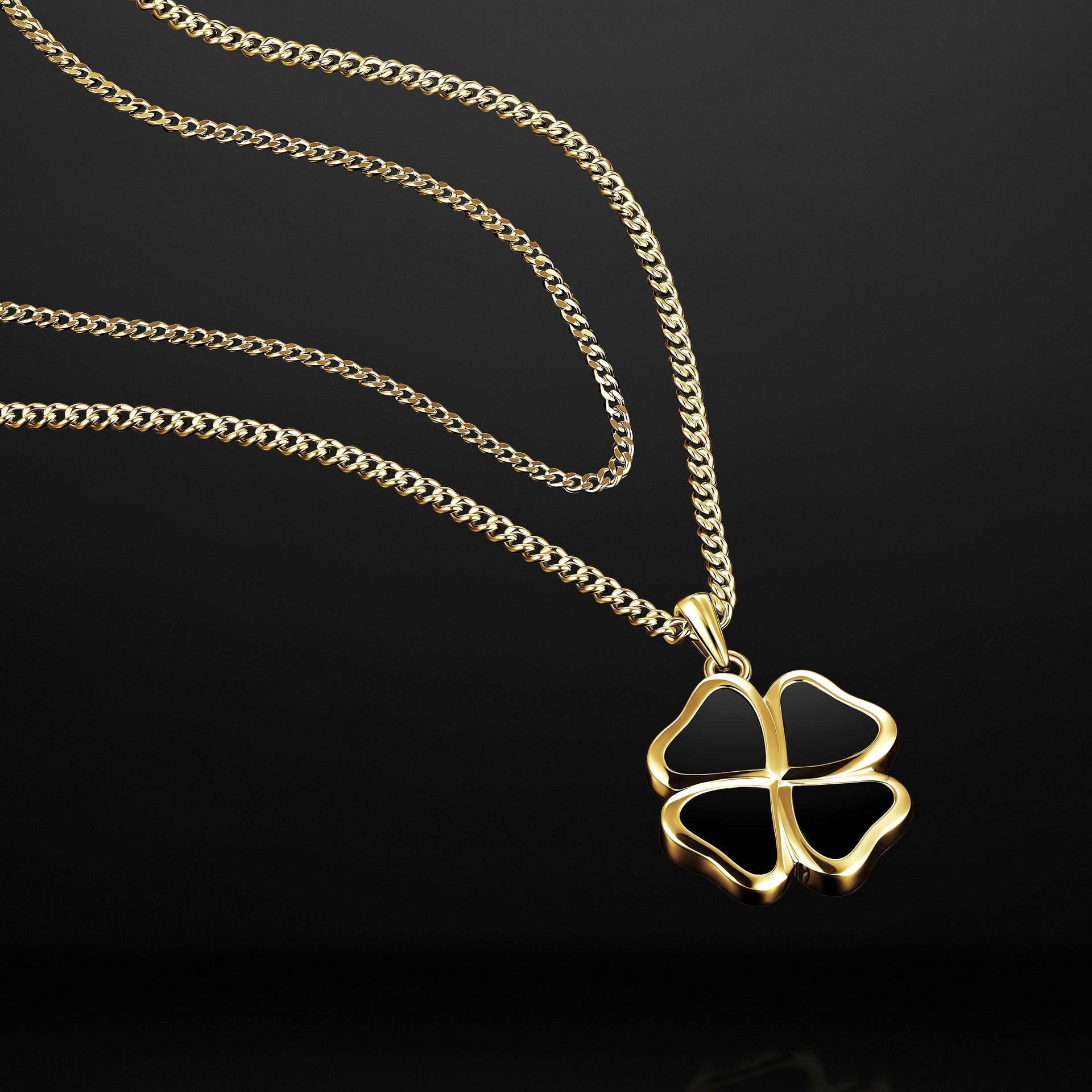 14K Gold Clover Pendant Necklace with Natural Black Onyx Inlay