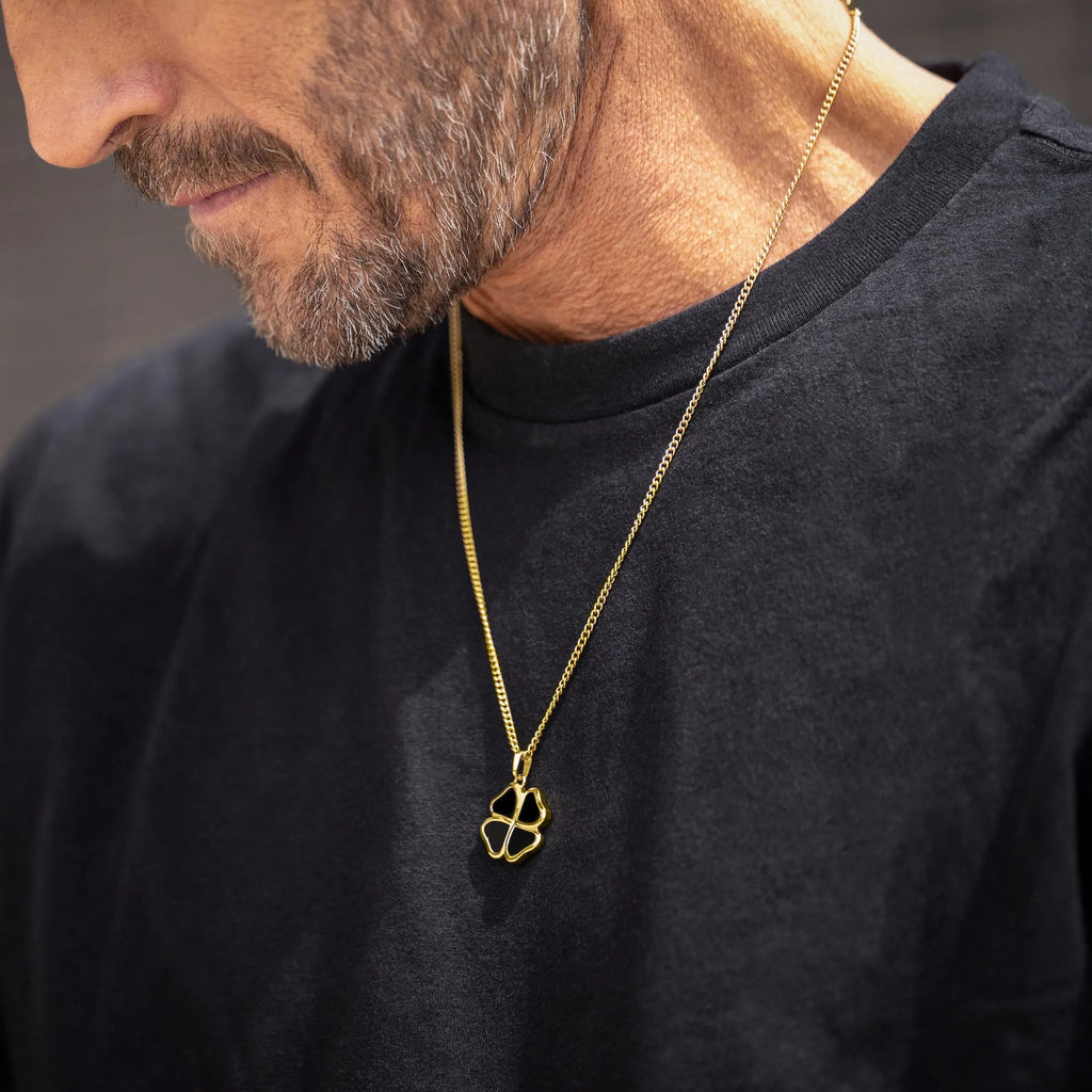 14K Gold Clover Pendant Necklace with Natural Black Onyx Inlay