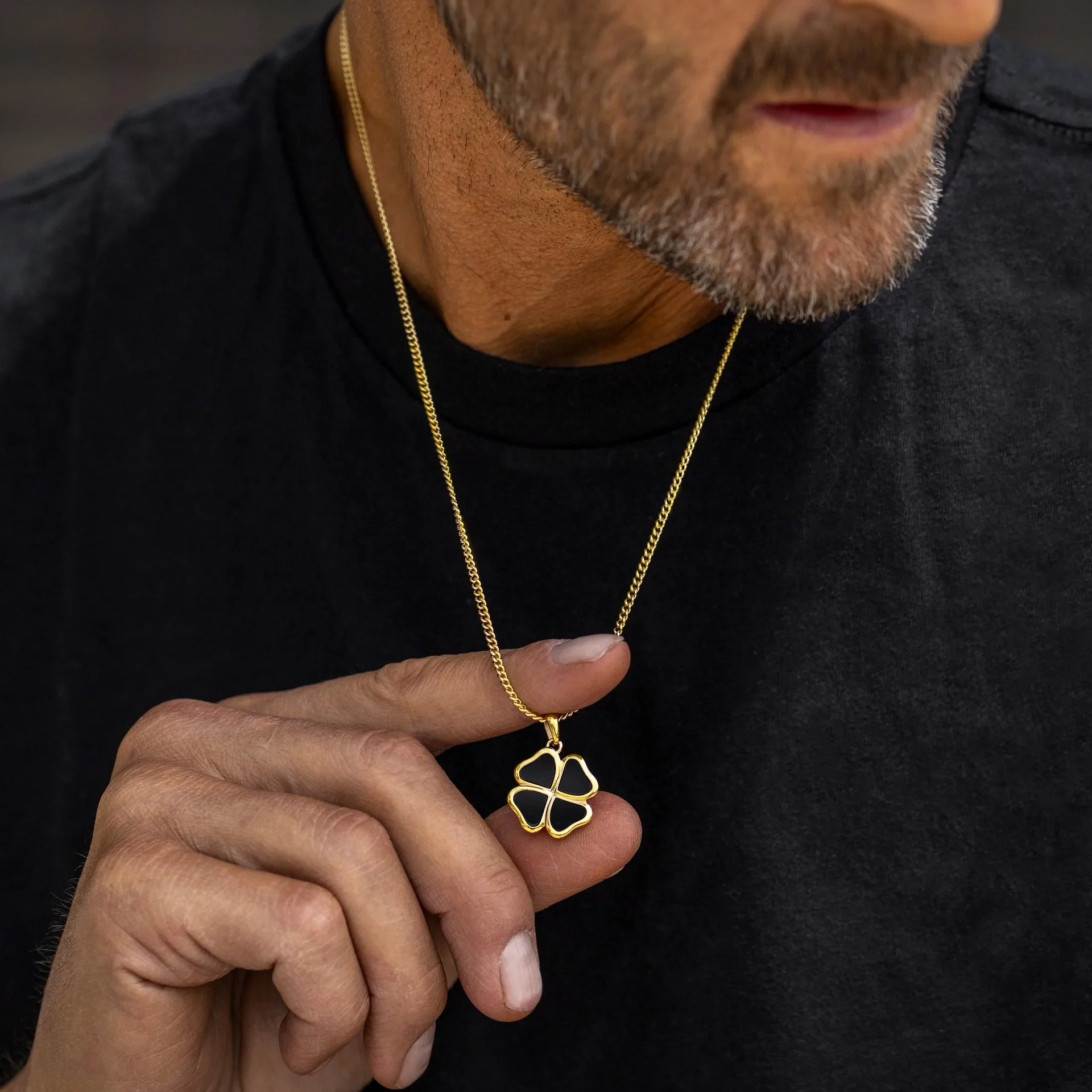 14K Gold Clover Pendant Necklace with Natural Black Onyx Inlay